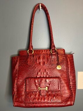 Brahmin Croc-Embossed Red Shoulder Tote with Gold Accents